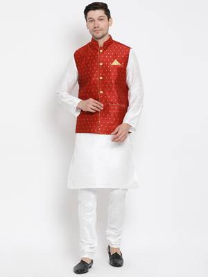White Woven Silk Blend Kurta-Pajama 2