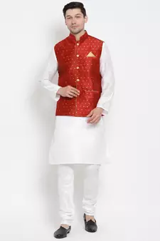 White Woven Silk Blend Kurta-Pajama
