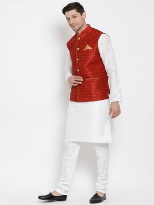 White Woven Silk Blend Kurta-Pajama 3