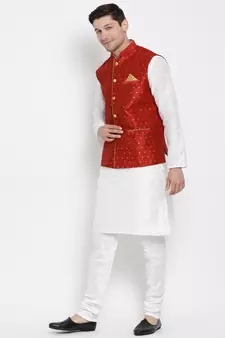 White Woven Silk Blend Kurta-Pajama