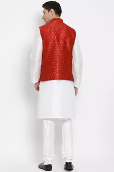 White Woven Silk Blend Kurta-Pajama