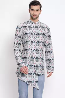 Grey Cotton Blend Short Kurta