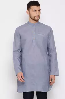 Grey Cotton Blend Short Kurta