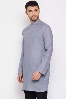 Grey Cotton Blend Short Kurta