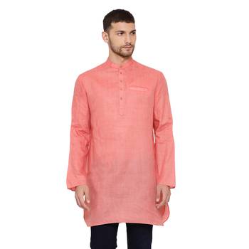 Men'S Pink Cotton Blend Short Kurta 1