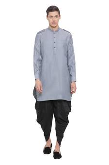 Grey Woven Blended Cotton Dhoti-Kurta