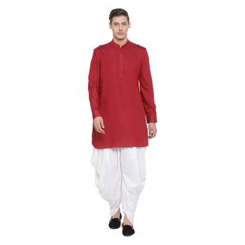 Maroon Woven Blended Cotton Dhoti-Kurta 1