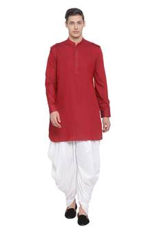 Maroon Woven Blended Cotton Dhoti-Kurta