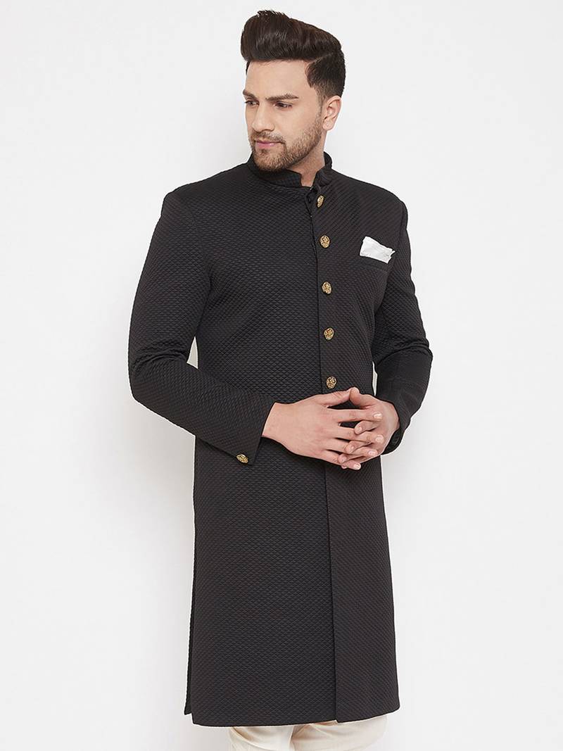 Black woven silk blend men-kurtas