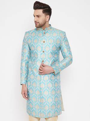 Men'S Aqua Silk Blend Sherwani Only Top 1