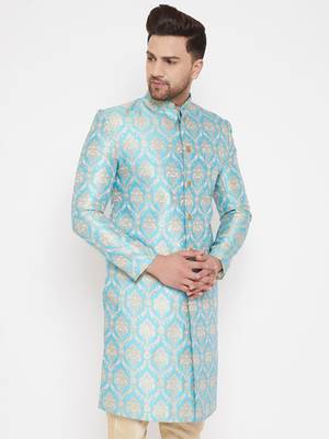 Men'S Aqua Silk Blend Sherwani Only Top 3