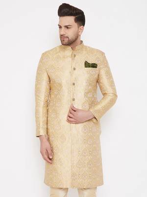 Men'S Gold Silk Blend Sherwani Only Top 2