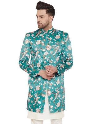 Men'S Multicolor Base Blue Silk Blend Sherwani Only Top 2