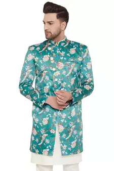 Men'S Multicolor Base Blue Silk Blend Sherwani Only Top
