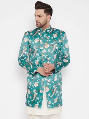 Men'S Multicolor Base Blue Silk Blend Sherwani Only Top 1