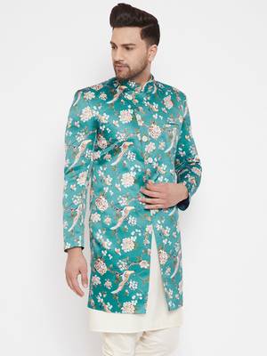 Men'S Multicolor Base Blue Silk Blend Sherwani Only Top 3