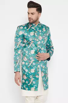 Men'S Multicolor Base Blue Silk Blend Sherwani Only Top