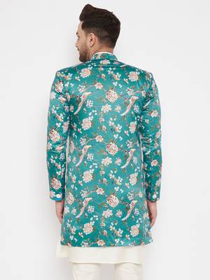 Men'S Multicolor Base Blue Silk Blend Sherwani Only Top 4