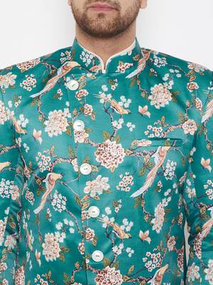 Men'S Multicolor Base Blue Silk Blend Sherwani Only Top 5