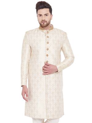 Men'S Beige And Gold Silk Blend Sherwani Only Top 1