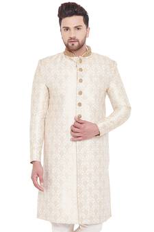 Men'S Beige And Gold Silk Blend Sherwani Only Top