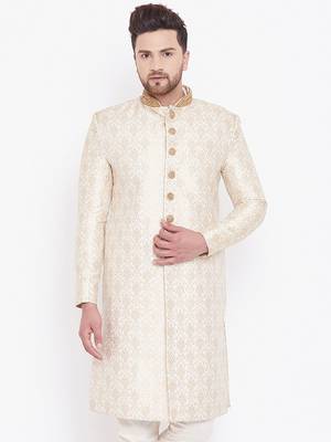 Men'S Beige And Gold Silk Blend Sherwani Only Top 2