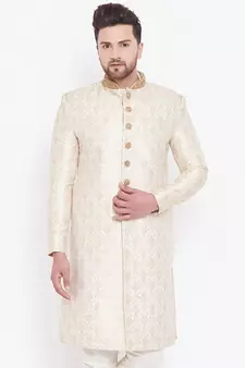 Men'S Beige And Gold Silk Blend Sherwani Only Top