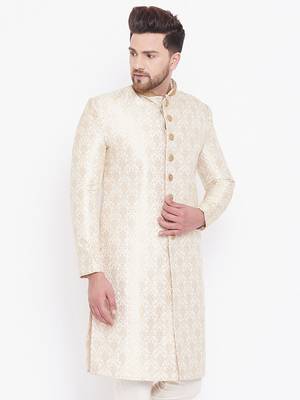 Men'S Beige And Gold Silk Blend Sherwani Only Top 3