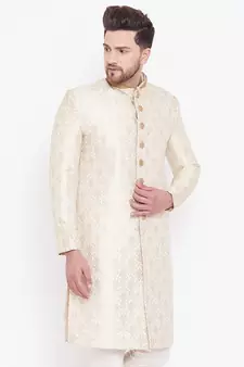 Men'S Beige And Gold Silk Blend Sherwani Only Top