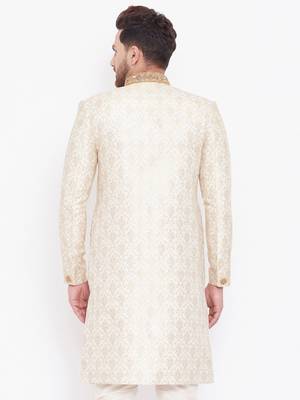Men'S Beige And Gold Silk Blend Sherwani Only Top 4