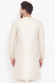 Men'S Beige And Gold Silk Blend Sherwani Only Top