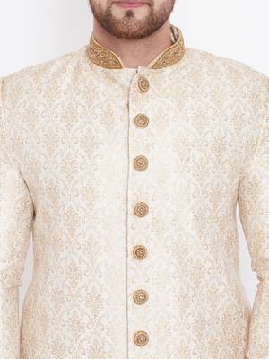Men'S Beige And Gold Silk Blend Sherwani Only Top 5