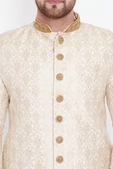 Men'S Beige And Gold Silk Blend Sherwani Only Top