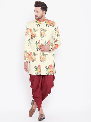 Men'S Multicolor Floral And Maroon Silk Blend Sherwani Set 1