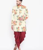 Men'S Multicolor Floral And Maroon Silk Blend Sherwani Set