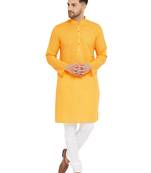 Yellow Woven Blended Cotton Kurta-Pajama