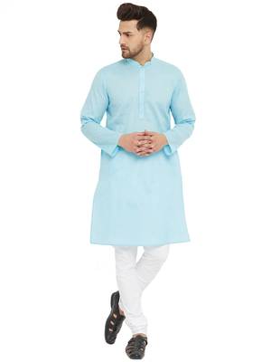 Blue Woven Blended Cotton Kurta-Pajama 1