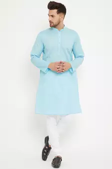 Blue Woven Blended Cotton Kurta-Pajama