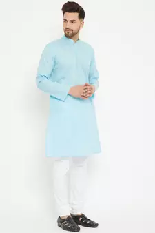 Blue Woven Blended Cotton Kurta-Pajama