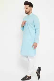 Blue Woven Blended Cotton Kurta-Pajama