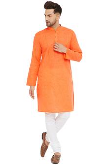 Orange Woven Blended Cotton Kurta-Pajama