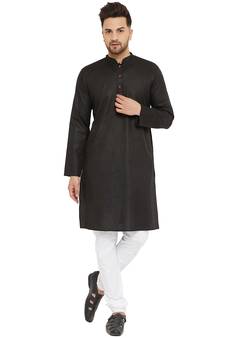 Black Woven Blended Cotton Kurta-Pajama