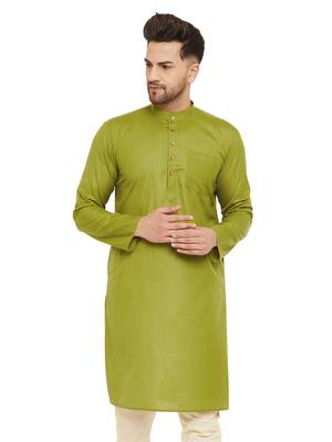 Green Plain Blended Cotton Men-Kurtas 1