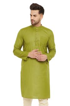 Green Plain Blended Cotton Men-Kurtas