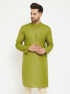 Green Plain Blended Cotton Men-Kurtas 2