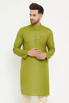 Green Plain Blended Cotton Men-Kurtas