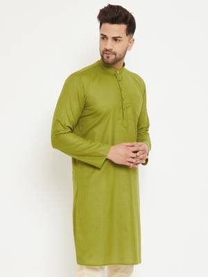 Green Plain Blended Cotton Men-Kurtas 3