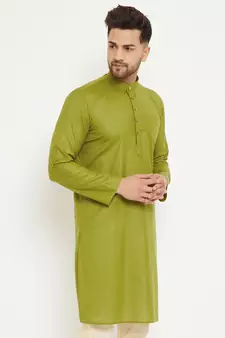 Green Plain Blended Cotton Men-Kurtas
