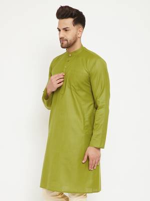 Green Plain Blended Cotton Men-Kurtas 4