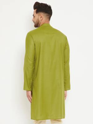 Green Plain Blended Cotton Men-Kurtas 5
